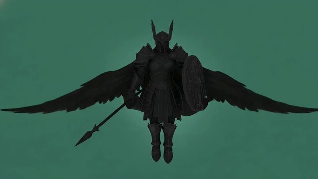 Impressive silhouette of a dark angel or valkyrie warrior with wings, spear, and shield, symbolizing power and strength.