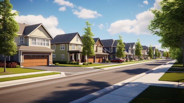 Quiet sunlit suburban street lined with modern two-story houses and green lawns