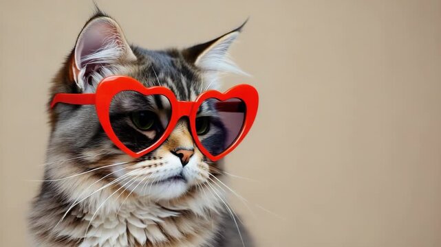 Cute fluffy cat in red heart shaped sunglasses looking at the camera with a serious face. Funny valentines day pet concept for a holiday greeting or social media banner
