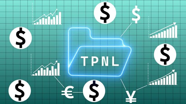 Glowing neon blue folder labeled TPML surrounded by ascending financial bar charts and currency symbols for dollar euro and yen on a teal grid background