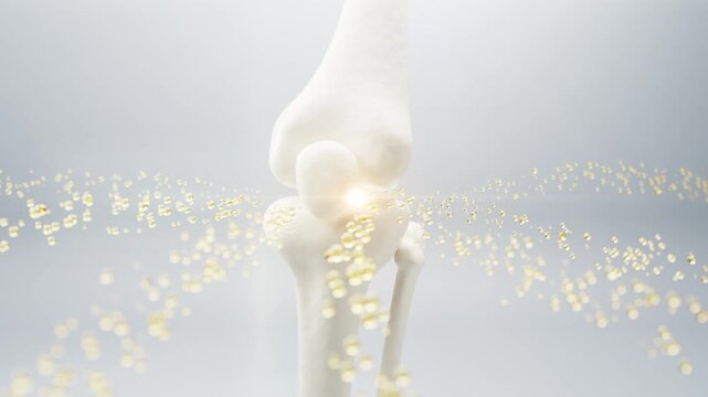 3D medical animation of knee joint anatomy surrounded by golden molecular particles. Concept of arthritis treatment, collagen supplement, bone health, pain relief and futuristic healthcare innovation.