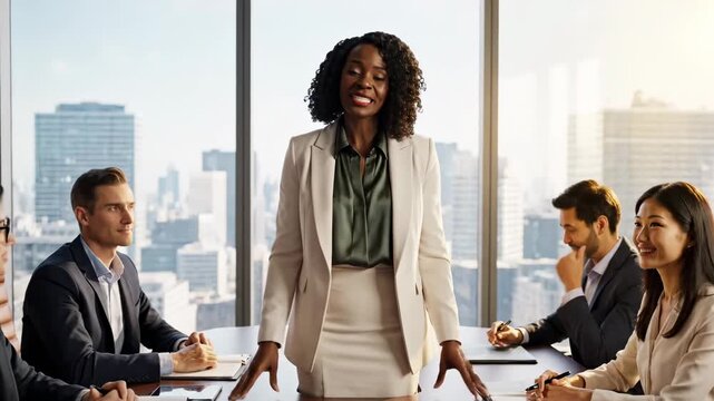Confident Businesswoman Leading a Meeting in Modern Office Setting.