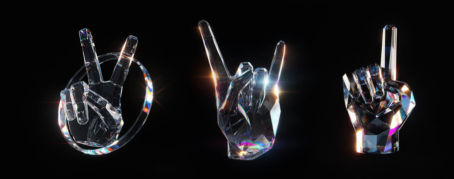 Selection of different 3d transparent, crystal glass cyborg robotic hands pointing his finger - isolated on free black background.
