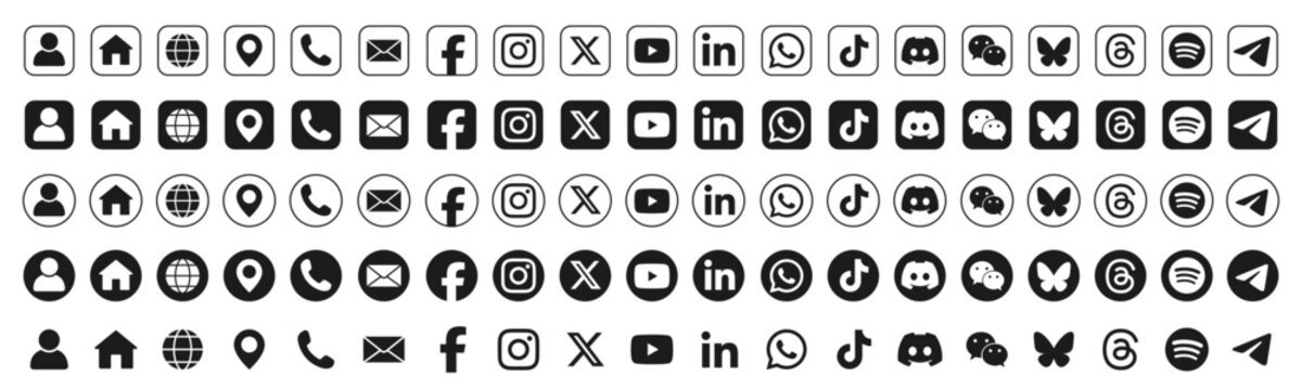 Social media logo icons set. Social network logos. Facebook, Instagram, X, Youtube, Whatsapp, Tiktok. Contact us icon set: call, location, globe, telephone, website, message