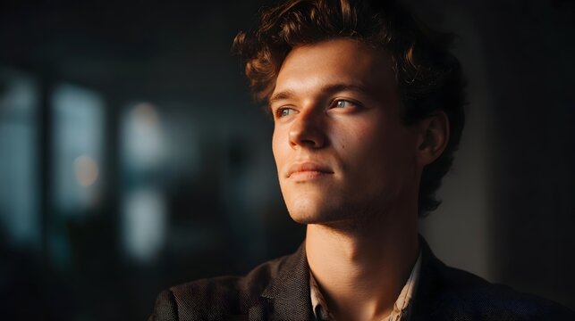 A young man with curly hair looks into the distance with a thoughtful and determined expression illuminated by warm dramatic light