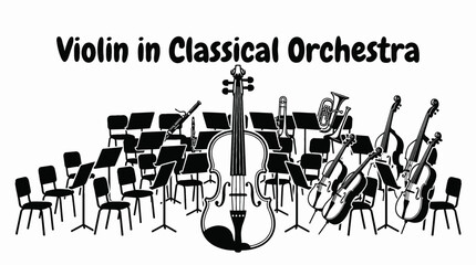 violin placed in an orchestra setting representing classical music elegance black and white vector scene showing performance and symphony environment © Evan