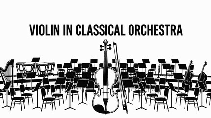 violin placed in an orchestra setting representing classical music elegance black and white vector scene showing performance and symphony environment © Evan