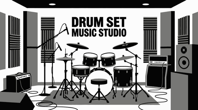 drum set inside a music studio room representing rhythm production black and white vector scene featuring recording and modern music creation