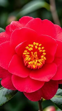 Vibrant Red Camellia Flower Blooms.
