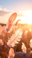 Naklejka premium A serene field of white feathers at sunset