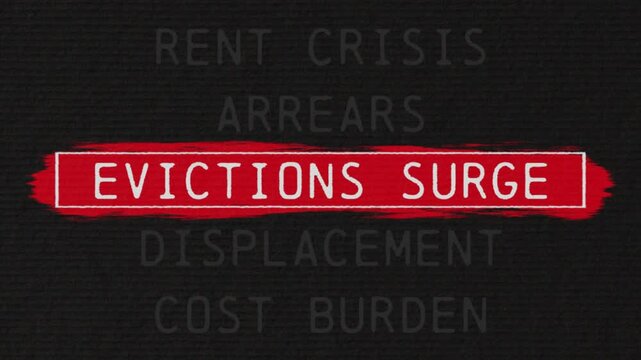 Evictions Surge scrolling text sequence with documentary style title animation for news topic and trend