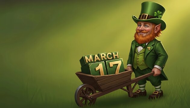 Smiling cartoon leprechaun pushing a wheelbarrow with March 17 blocks. St. Patrick Day banner or digital greeting card concept.