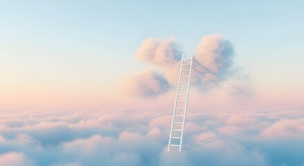 Obraz premium A minimalist white ladder extending upwards into soft, pastel clouds in a blue sky, symbolizing ambition, heaven, and achieving goals.