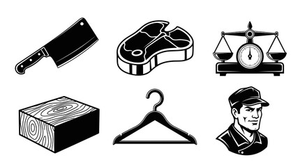 Fototapeta premium Butchery and Meat Shop Black and White Glyph Icons Set for Food Industry. Featuring Cleaver, Steak, Balance Scale, Butcher and Chopping Block.