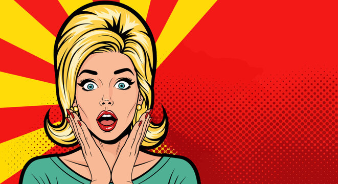 Pop Art of surprised woman with blonde hair, open mouth and big eyes 