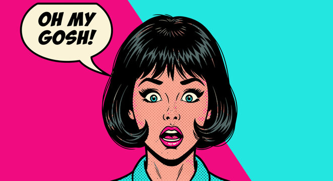 A retro pop art illustration of a woman expressing surprise and awe, featuring the phrase Oh My Gosh! in a speech bubble