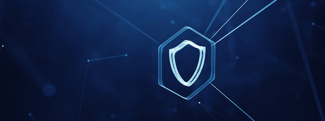 Cyber Security Concept Featuring Digital Shield Inside a Hexagon Over Blue Network Background,...