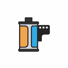 35mm Film Roll With Exposed Perforated Strip And Orange Blue Outer Casing On White Background