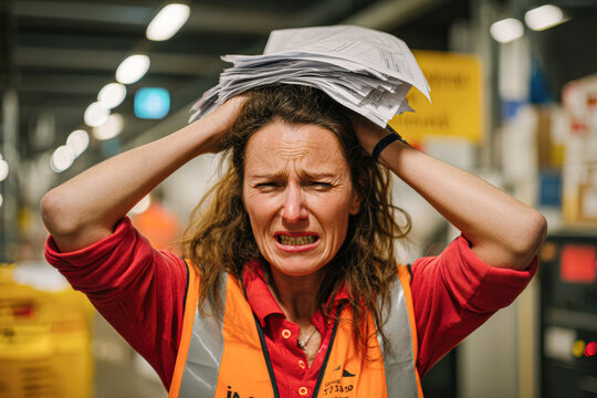 A stressed woman in a high-visibility vest holds crumpled papers on her head, expressing frustration in a busy industrial or warehouse setting.