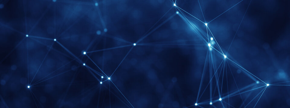 Abstract Digital Network Background With Glowing Nodes And Connecting Lines Representing Data Flow, Artificial Intelligence, Big Data, Cloud Computing, And Modern Technology Communication Systems.