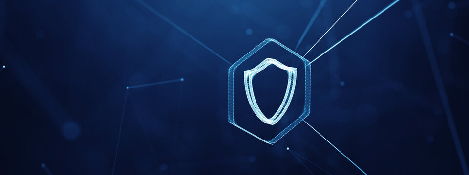 Cyber Security Concept Featuring Digital Shield Inside a Hexagon Over Blue Network Background, Symbolizing Data Protection, Encryption, and Secure Online Communication For Modern Technology Systems.
