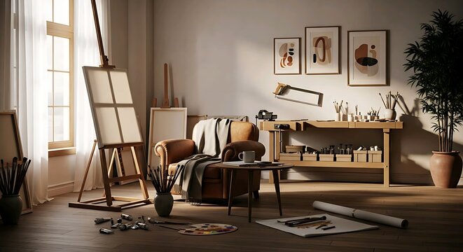 Warm natural sunlight illuminating cozy artist studio interior with wooden easel painting tools and comfortable chair near large window. Interior design concept