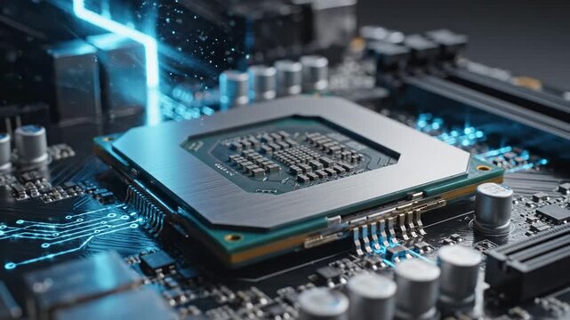 Close-up of a computer processor on a circuit board.