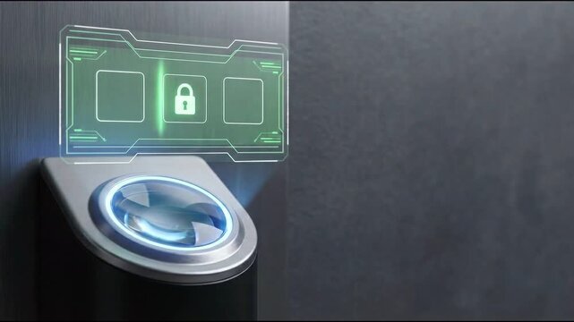 Fingerprint scanner biometric authentication security holographic interface technology futuristic digital lock access control system identification protection safety scan electronic device modern
