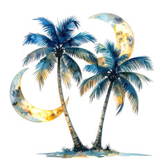 Watercolor depiction of two palm trees with crescent moons overlaying them