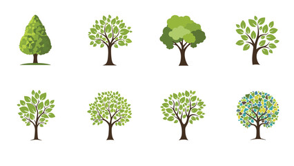 Obraz premium Set of eight different green tree illustrations representing various species and shapes in a flat graphic style.
