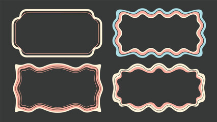 Fototapeta premium Collection of four retro wavy frames in pastel colors on a dark gray background for creative border designs.
