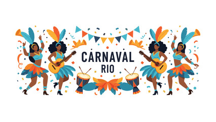 Naklejka premium Vibrant carnaval rio illustration featuring dancers in colorful costumes with drums and festive decorations on white.
