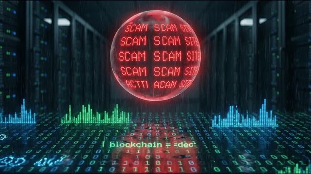 Scam site warning digital sphere blockchain code data visualization server cyber security threat alert futuristic technology environment binary code cyber attack information technology center