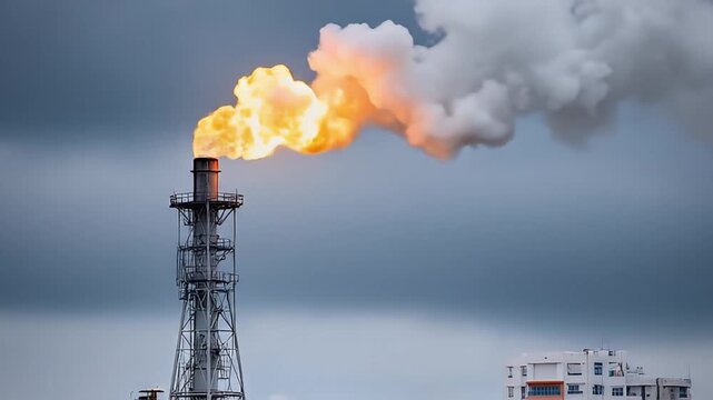 Gas flare burning bright with thick smoke from industrial refinery tower and flare stack near urban buildings showing energy production pollution and environmental impact in cloudy sky