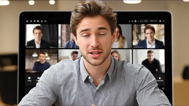 A young man with a patterned shirt participating in a virtual meeting, with multiple attendees displayed on his laptop screen