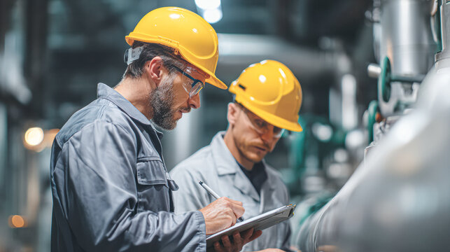 Two industrial workers wearing yellow helmets and safety glasses inspect equipment, with one taking notes on a clipboard in a factory setting.