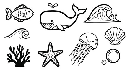 Black and White Line Art Ocean Marine Life Icon Set. Hand Drawn Sea Creatures, Ocean Elements, Fish, Whale, Jellyfish, Starfish, and Shells.