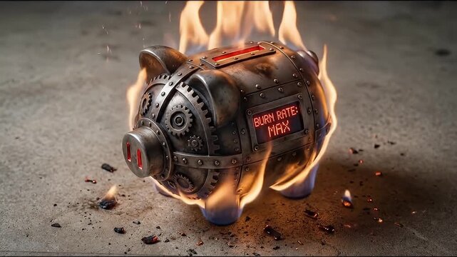 Burning metal piggy bank with gears and digital display showing maximum burn rate symbolizing high expenses finance and rapid financial loss in dramatic fiery intense scene