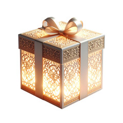Glowing golden gift box with intricate filigree pattern and soft light emanating