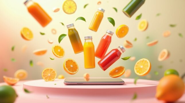 Interfaz de tel&eacute;fono inteligente con jugos embotellados, batidos y rodajas de c&iacute;tricos frescos volando por todos lados, sin texto, sin logotipo, sin marcas