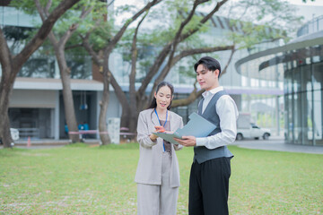 Fototapeta premium Two business people or a management team are working together using laptops in front of a building.