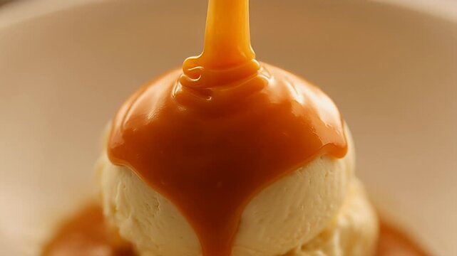 Enticing close up of vanilla ice cream being doused in caramel sauce