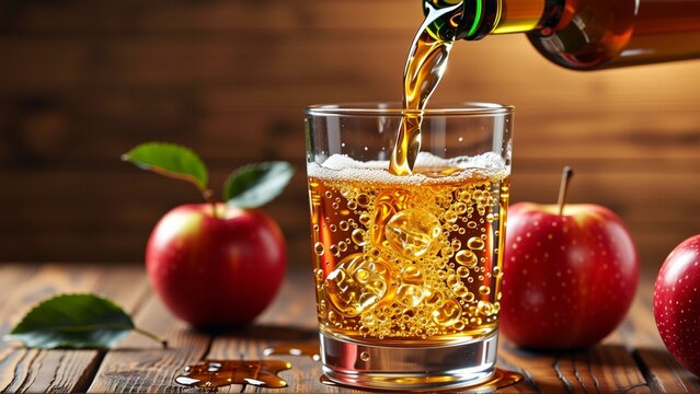 glass apple cider being poured bottle into glass glass placed wooden table three red apples green leaf side apple cider golden brown color appears freshly bottle tilted right side glass liquid