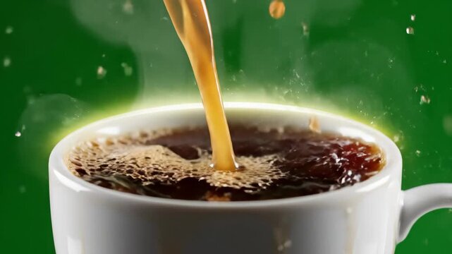 Slow motion pouring hot coffee steam rising close up 4k cinematic footage