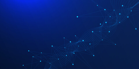 Abstract connecting the dots and lines with wave flow on dark blue background. Digital communication technology and scientific research concept. Vector
