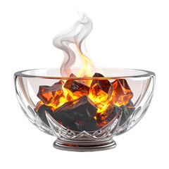 A crystal bowl holding glowing embers and emanating smoke. The background is pure black