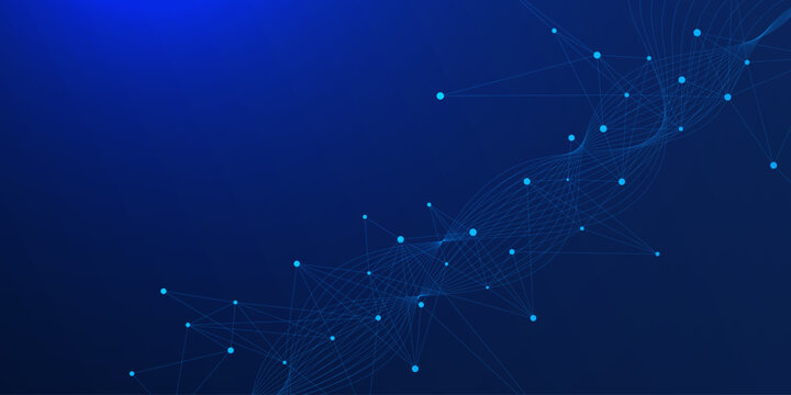 Abstract connecting the dots and lines with wave flow on dark blue background. Digital communication technology and scientific research concept. Vector