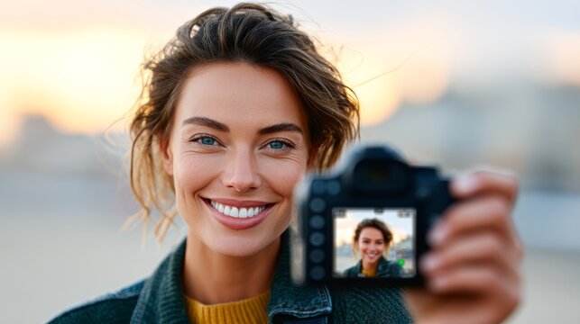 Smiling woman with wavy brown hair holds a camera in front of her face, capturing a selfie against a blurred outdoor background during sunset
