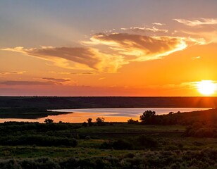 Obraz premium A serene landscape of a sunset over a tranquil body of water