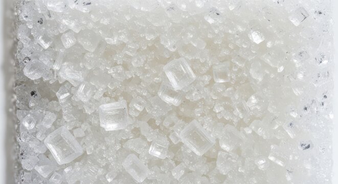 Extreme close up reveals crystalline texture of white granulated sweetening substance